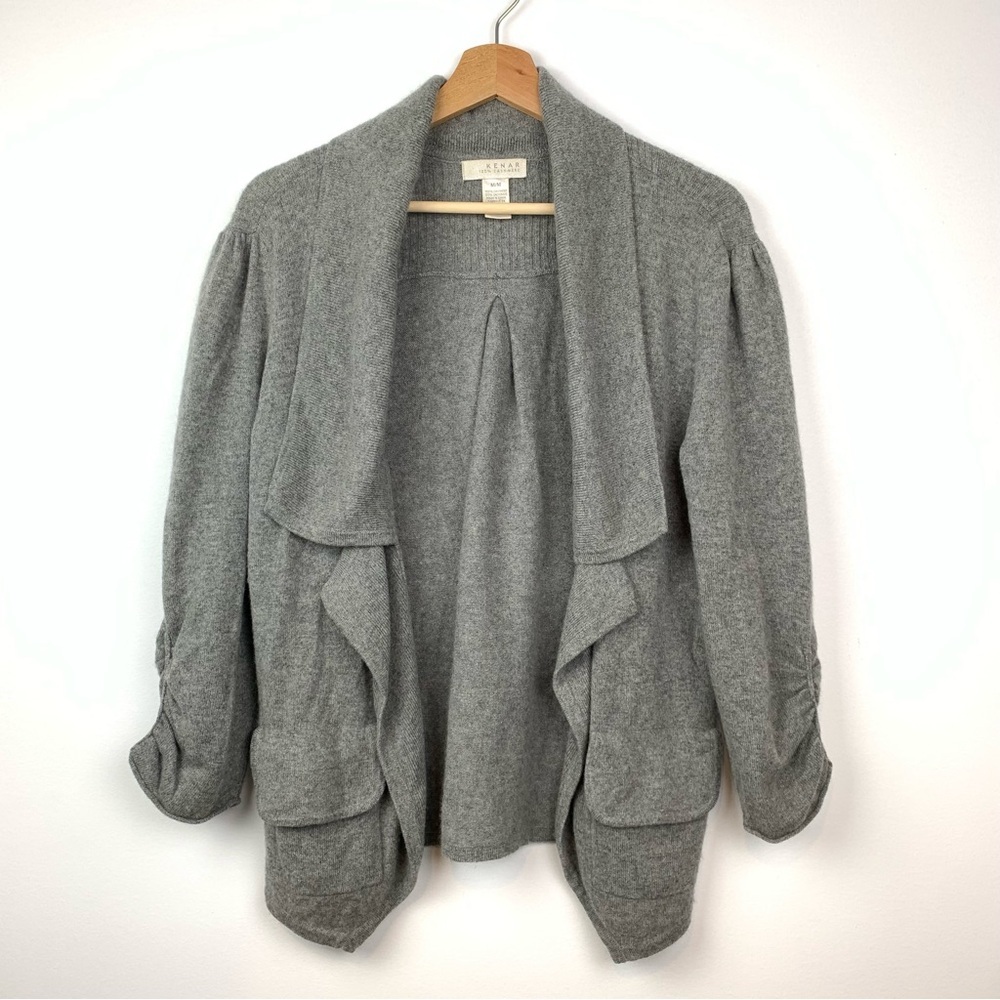 Cashmere Open Cardigan Kenar Gray Sz Medium Pockets Collared Soft Quiet Luxury